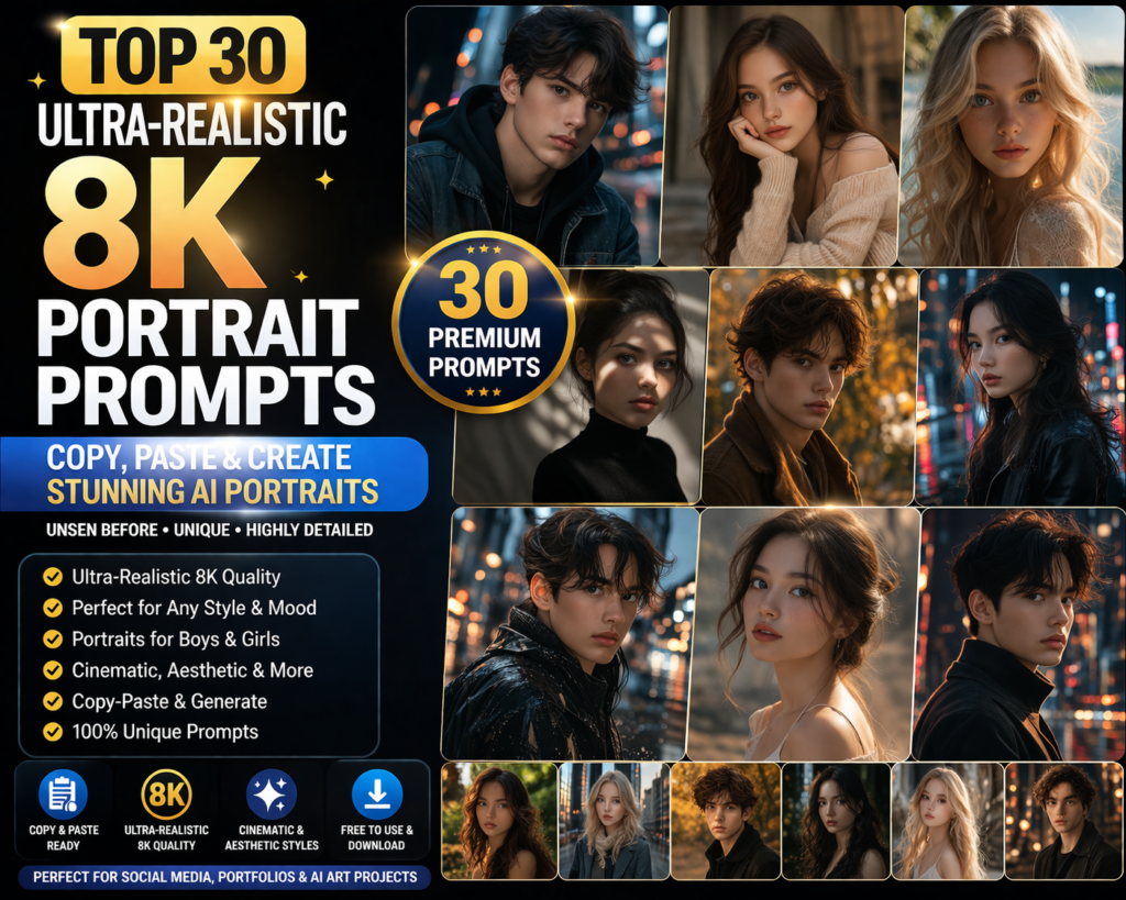 Top 30 Ultra-Realistic 8K Portrait Prompts 2026 (Copy-Paste Ready)