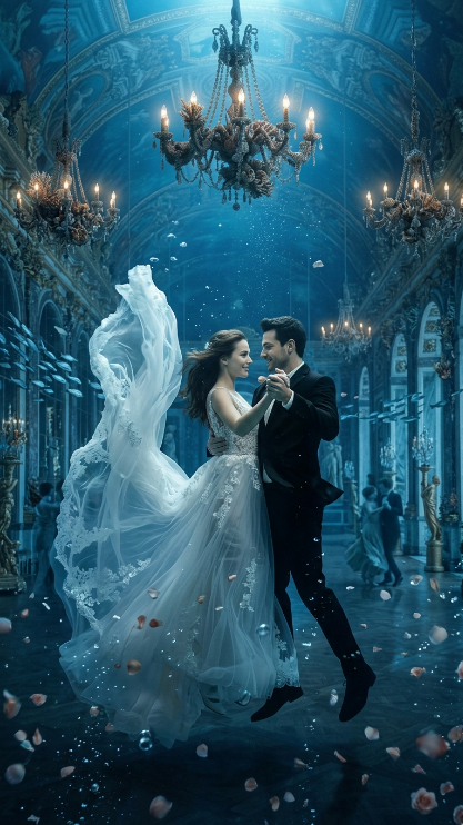 Create a surreal and elegant underwater ballroom scene. The uploaded couple are dancing slowly underwater inside a grand palace ballroom that has sunk beneath the sea. The woman's dress flows dramatically in the water and the man's suit floats slightly around him. Around them are chandeliers, floating rose petals, fish swimming in the background, and soft blue light coming through the water above. Dreamlike, beautiful, cinematic, ultra-detailed.