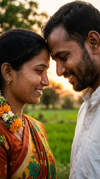 Create a realistic close-up portrait of an Indian village couple standing in a green field during sunset. The woman wears a colorful cotton saree with flowers in her hair. The man wears a simple white shirt. Their foreheads gently touch while they smile softly. The camera is extremely close to their faces, showing every skin detail, eyelashes, smile, and eye reflection. The background is blurred with trees and sunset light.