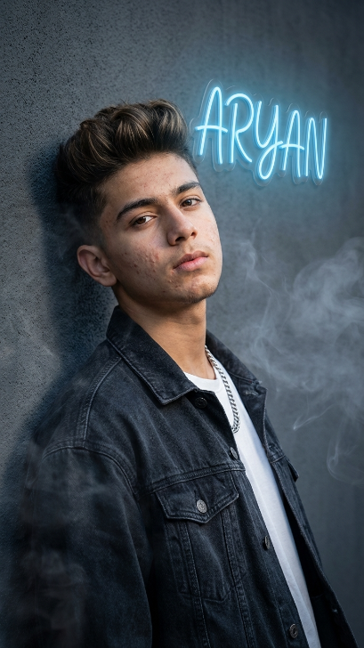 Create a stylish Instagram profile picture of a teenage boy leaning against a dark wall. Add his name in glowing blue neon text behind him. He is wearing a modern oversized jacket, white t-shirt, and silver chain. Add realistic lighting from one side of the face, soft smoke in the background, detailed hair texture, natural skin imperfections, and a strong confident pose. Use a close-up 1:1 composition that looks perfect for an Instagram DP in 2026.