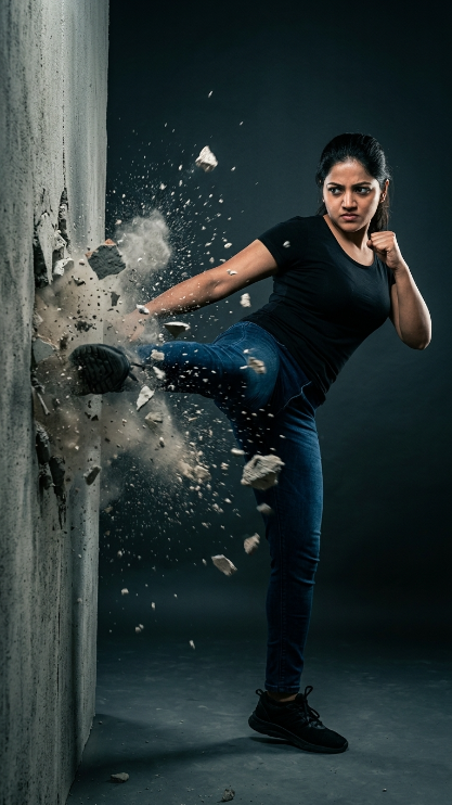Create a high-action cinematic image of the uploaded person performing a powerful side kick into a thick concrete wall. Keep the exact same face and identity from the uploaded image. [He/She] wears a fitted black t-shirt, dark jeans, and black shoes. At the exact point where [his/her] foot hits the wall, the concrete is exploding and breaking apart with dust, flying debris, and cracked pieces in the air. The background is a dark dramatic studio with minimal details so all attention stays on the action. Add motion blur to the kick, strong dramatic lighting, detailed dust particles, realistic muscle tension, and cinematic action-movie style.