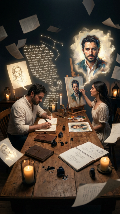 Create an artistic scene where the uploaded couple are sitting at opposite sides of a long wooden desk in a dark room. The man is writing about the woman in an old notebook, and whatever he writes begins appearing behind her in glowing light. The woman is painting the man on a canvas, and the painted version begins appearing behind him. The room is filled with floating pages, glowing sketches, spilled ink, and unfinished drawings. Emotional, magical, and unlike any normal couple portrait.