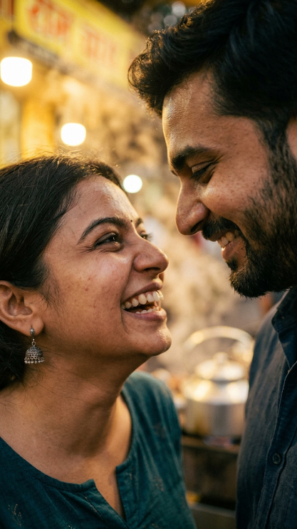 Create a realistic close-up portrait of an Indian couple standing at a roadside tea stall in the evening. The woman is laughing while holding a small tea cup. The man is smiling at her. Their faces are very close to the camera and fill most of the frame. The woman wears a simple kurti and earrings. The man wears a casual shirt. The background is blurred with warm yellow tea stall lights and steam from hot tea.