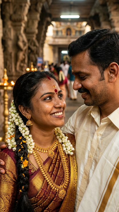 Create an ultra-realistic close-up portrait of a South Indian couple. The woman wears a traditional silk saree, temple jewelry, jasmine flowers, and a round bindi. The man wears a white veshti and cream shirt. Their faces are close together and they are smiling gently at each other. The background should contain soft blurred temple pillars and golden lights. Focus on realistic South Indian skin tone, detailed eyes, jasmine flowers, gold jewelry, and natural smile.