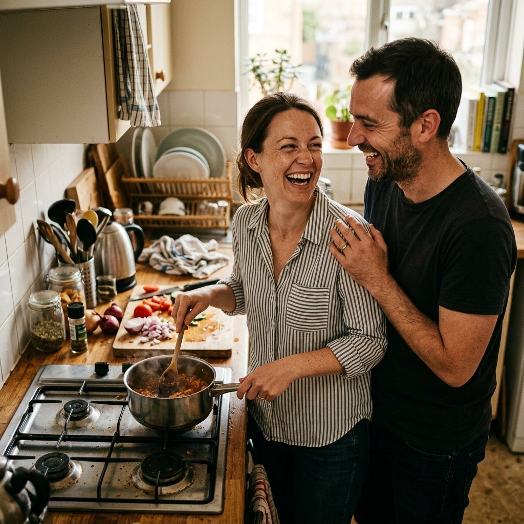 Create an ultra-realistic emotional portrait showing a couple sharing an ordinary daily moment such as cooking together, drinking tea, or laughing at home. Focus on genuine connection rather than dramatic romance. Add realistic skin texture, visible pores, natural lighting, authentic expressions, realistic environmental details, DSLR realism, and documentary-style storytelling. Avoid staged influencer poses, AI beauty enhancement, glossy textures, or unrealistic luxury settings. The final image should remind viewers that true love often lives inside ordinary moments.