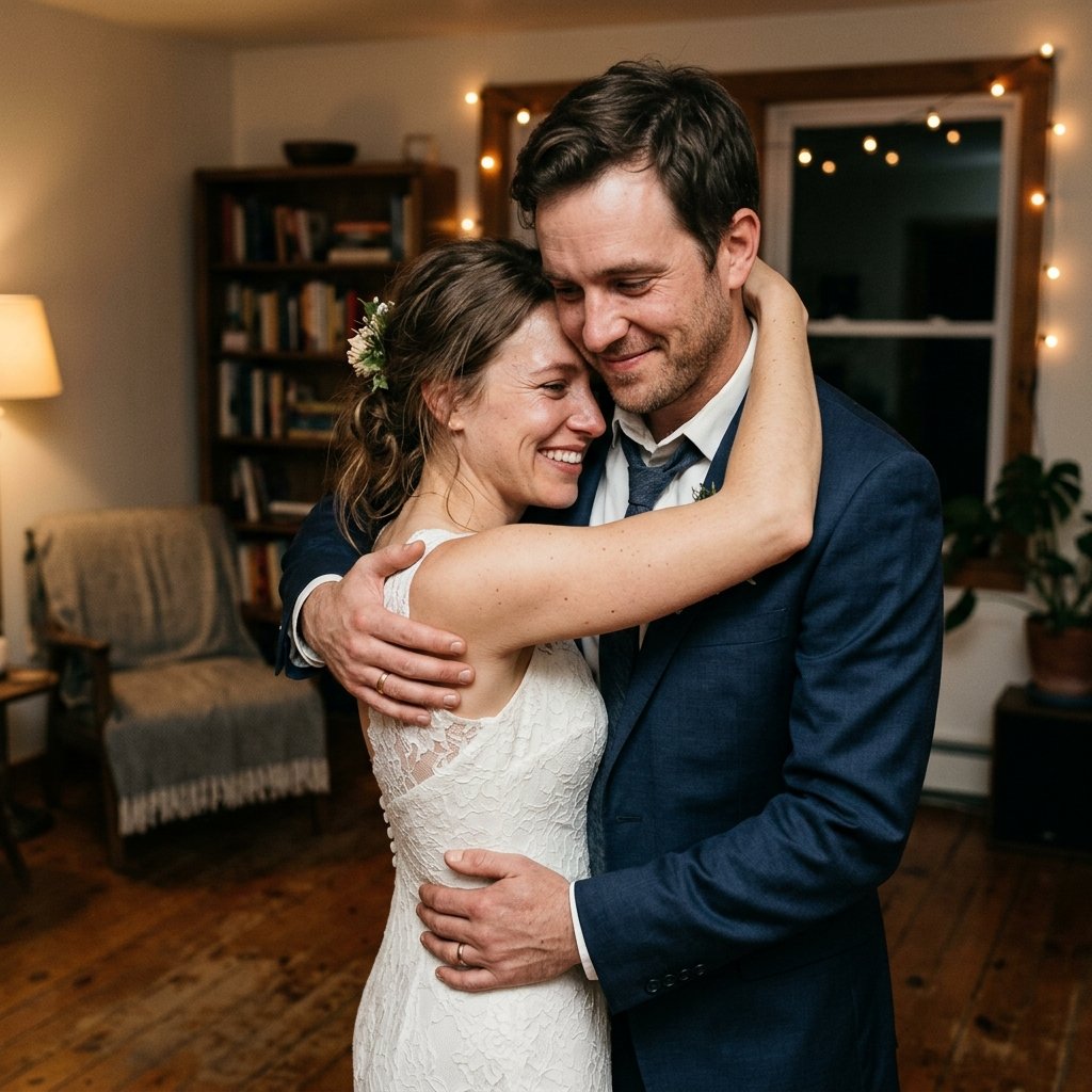 Create an ultra-realistic emotional portrait of a newly married couple sharing their first private dance after the celebration ends. The atmosphere should be quiet, intimate, and meaningful rather than glamorous. Add realistic skin pores, natural eye reflections, authentic emotions, soft lighting, realistic shadows, DSLR-quality depth, and warm cinematic storytelling. Preserve genuine smiles and subtle emotional details. Avoid artificial wedding glamour, beauty filters, glossy textures, or exaggerated romance effects. The final image should capture the beginning of a lifelong journey together.