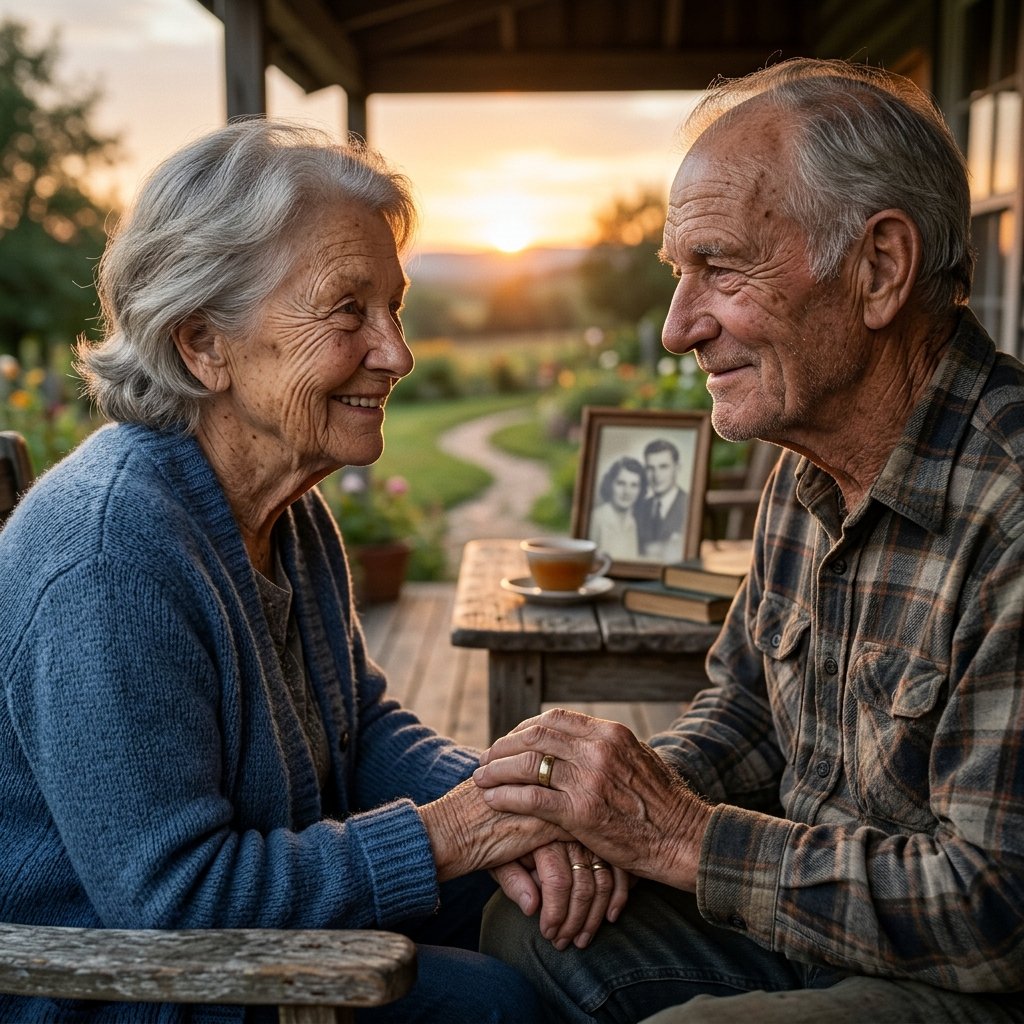 Create an ultra-realistic portrait of an elderly couple sitting together peacefully while holding hands. Their faces should naturally reflect a lifetime of shared memories, struggles, victories, and unconditional support. Add realistic wrinkles, authentic skin texture, natural lighting, visible skin pores, subtle smiles, and warm cinematic atmosphere. Include small emotional details such as wedding rings, family photographs nearby, or a quiet sunset view. Avoid AI beauty enhancements, unrealistic aging, glossy skin, or fantasy elements. The final image should communicate that true love becomes stronger through time rather than fading.