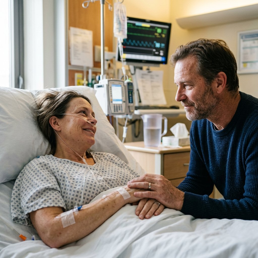 Create an ultra-realistic emotional portrait showing a partner staying beside their loved one during recovery after a serious illness. The focus should be on loyalty, patience, and unconditional support rather than sadness. Add realistic skin texture, subtle emotional expressions, natural hospital lighting, visible skin pores, authentic shadows, DSLR realism, and genuine human emotion. Avoid exaggerated medical drama, artificial tears, beauty filters, or unrealistic hospital scenes. The final image should communicate the true meaning of commitment and love.