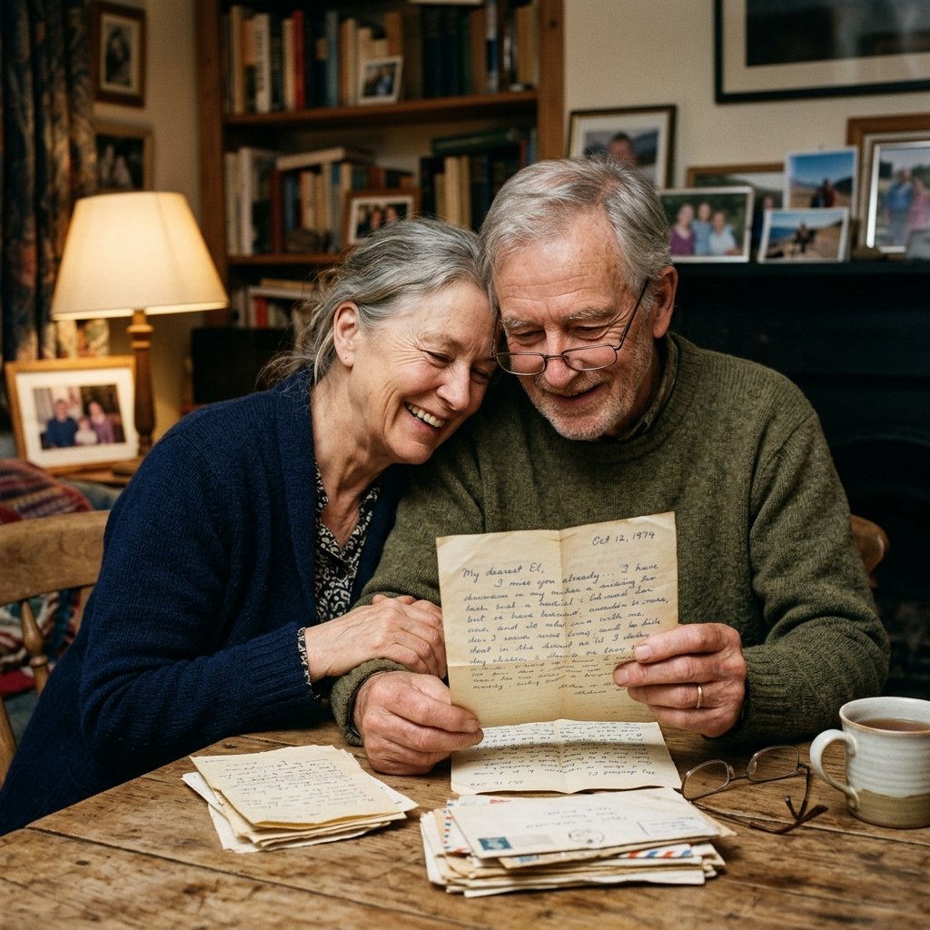 Create an ultra-realistic emotional portrait of a couple revisiting old handwritten love letters from years ago. The scene should feel nostalgic and deeply personal. Add realistic paper textures, warm indoor lighting, visible skin pores, authentic eye reflections, natural smiles, subtle emotional expressions, and cinematic storytelling atmosphere. Include realistic environmental details that suggest shared history and memories. Avoid fake vintage effects, AI beauty smoothing, glossy textures, or unrealistic props. The final image should feel like a treasured memory preserved forever.