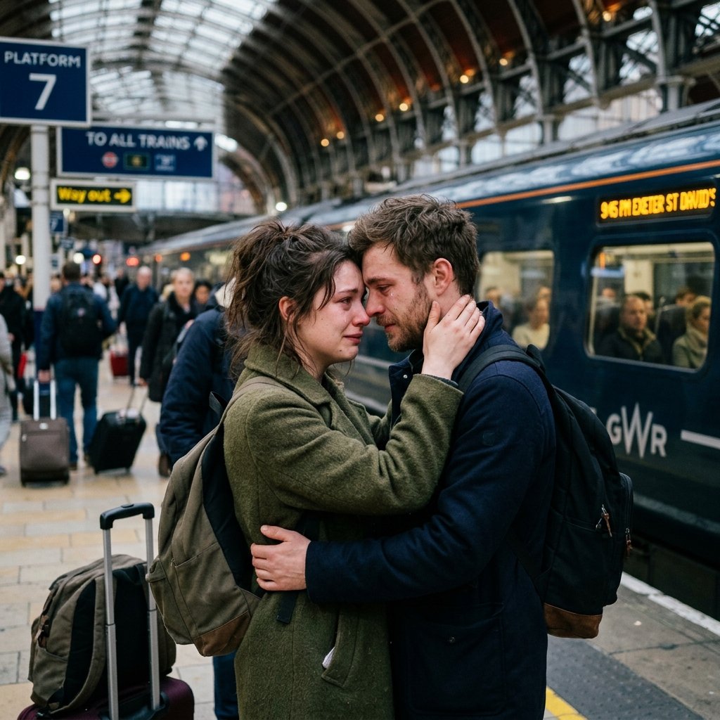 Create an ultra-realistic emotional portrait of a couple sharing a final goodbye at a railway station before a long separation. Their eyes should express both sadness and hope. Add realistic train-station details, natural lighting, skin pores, subtle tears, authentic emotional storytelling, DSLR portrait depth, and cinematic atmosphere. Preserve realistic body language and natural emotions. Avoid exaggerated movie scenes, fake tears, AI beauty effects, glossy skin, or fantasy environments. The final image should feel like a real photograph from an unforgettable life moment.