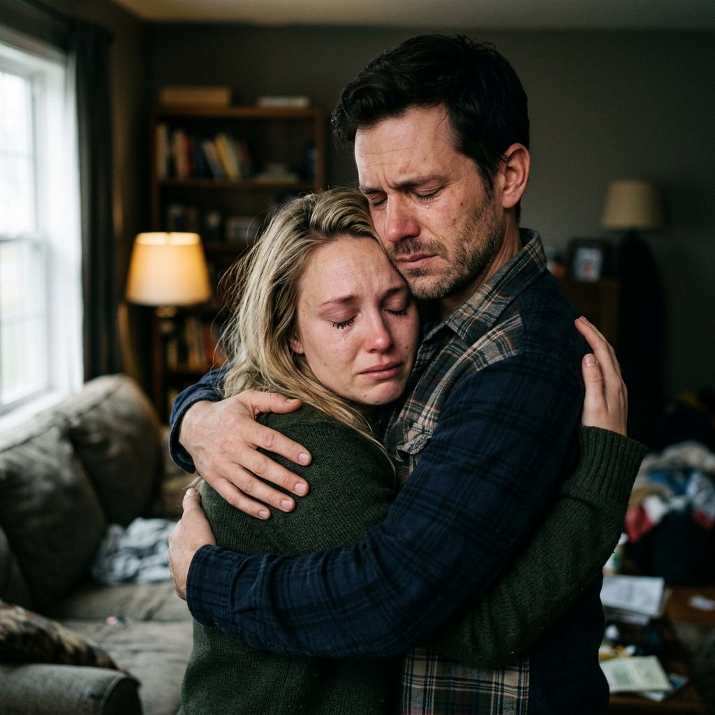 Create an ultra-realistic emotional portrait of a couple embracing each other during a difficult life moment. No words are needed; their body language should communicate support, trust, and emotional safety. Add realistic skin pores, authentic facial expressions, subtle tears, natural lighting, DSLR-quality depth, realistic shadows, and documentary-style realism. Focus on emotional storytelling rather than romance alone. Avoid melodramatic poses, fake crying effects, AI beauty filters, glossy textures, or unrealistic cinematic exaggeration. The final image should feel deeply human and emotionally relatable.