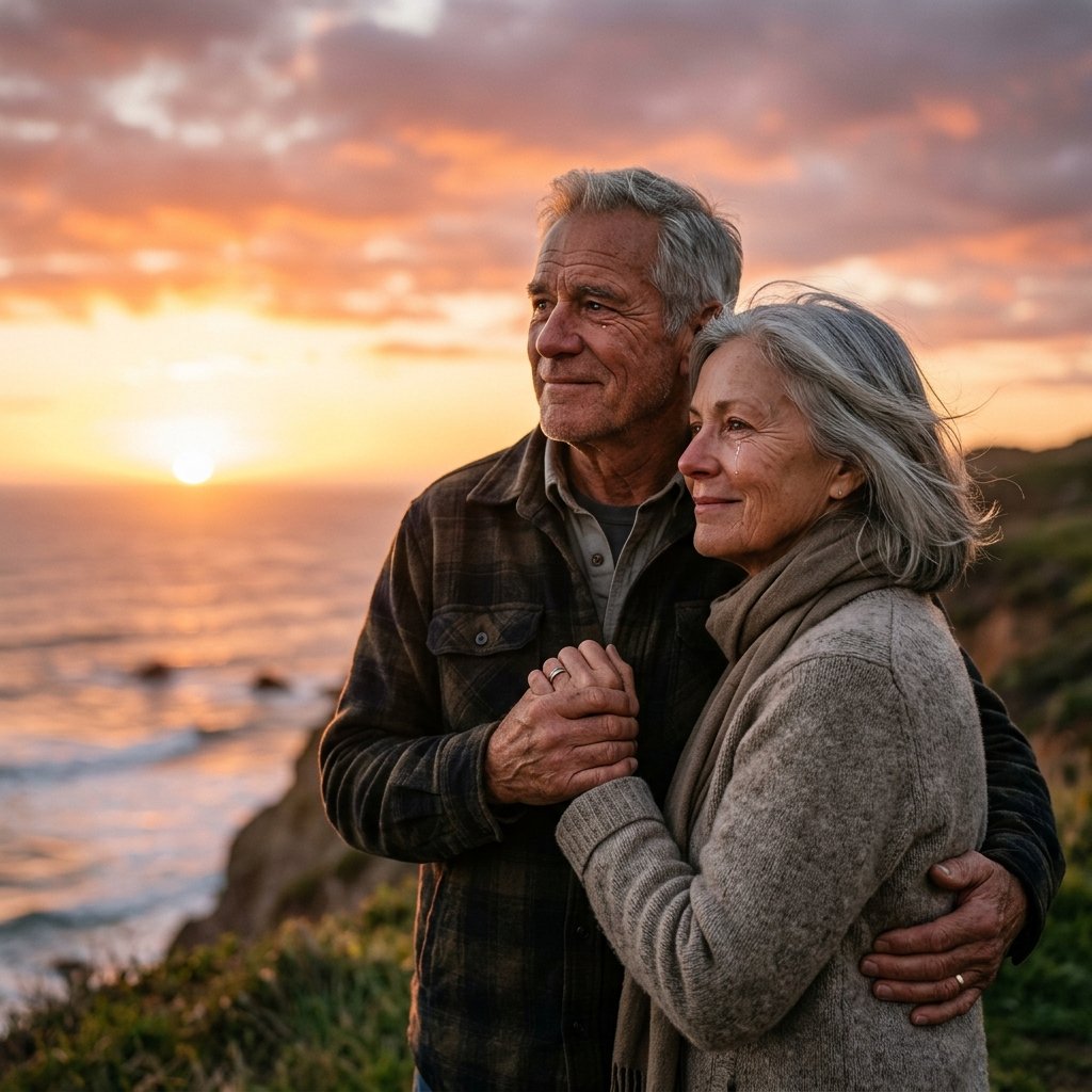 Create an ultra-realistic emotional portrait of a deeply connected couple standing together during the final moments of a golden sunset. They are not posing for the camera; instead, they are quietly enjoying each other's presence while holding hands and watching the fading sunlight. Their expressions should reflect years of trust, understanding, sacrifice, and unconditional love. Add realistic skin pores, natural eye reflections, subtle tears of happiness, soft wind movement through clothing and hair, warm cinematic lighting, DSLR-quality depth of field, and authentic emotional storytelling. Avoid artificial romance effects, exaggerated poses, AI-looking skin, glossy textures, or unrealistic beauty filters. The final image should feel like a genuine memory captured during one of the most meaningful moments of their lives.