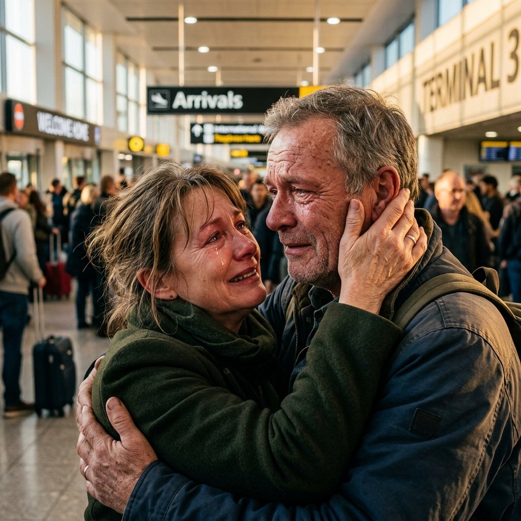 Create an ultra-realistic emotional portrait showing a couple reuniting after years apart. The moment should capture genuine feelings rather than dramatic acting. Their eyes should tell the story before any words are spoken. Add realistic skin texture, natural tears, authentic facial emotions, cinematic golden-hour lighting, visible skin pores, DSLR-quality realism, natural shadows, and documentary-style storytelling. Preserve subtle emotional details such as trembling smiles and emotional eye contact. Avoid unrealistic crying, artificial movie effects, beauty filters, or exaggerated romance scenes. The final image should resemble a real-life reunion photograph that instantly touches the viewer's heart.